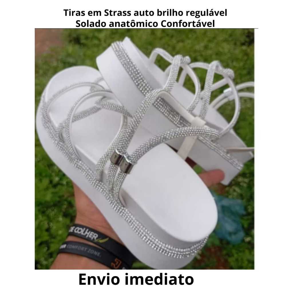 sandalia papete feminina plataforma com regulagem pedraria strass auto brilho macia confortavel lançamento 2025