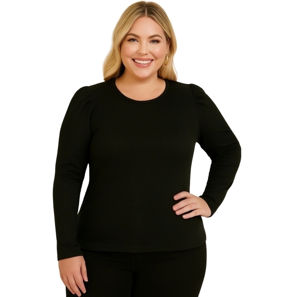 Blusa Plus Size Feminina Manga Longa Canelada em Oferta na Shopee