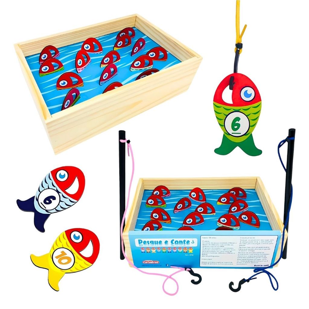 Jogo Pesque e Conte Brinquedo Educativo Pescaria Madeira - Carimbras - 3 anos