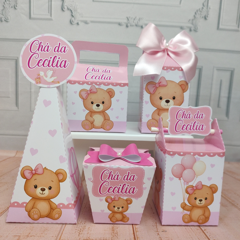 Kit Festa Personalizado Chá de Bebê Menina – Caixinhas Personalizadas para Lembrancinhas de Aniversario PEGUE E MONTE
