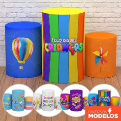Capa Cilindro Dia das Crianças Decoração Festa Infantil Evento Escolar Veste Fácil Em Tecido C/ Elástico
