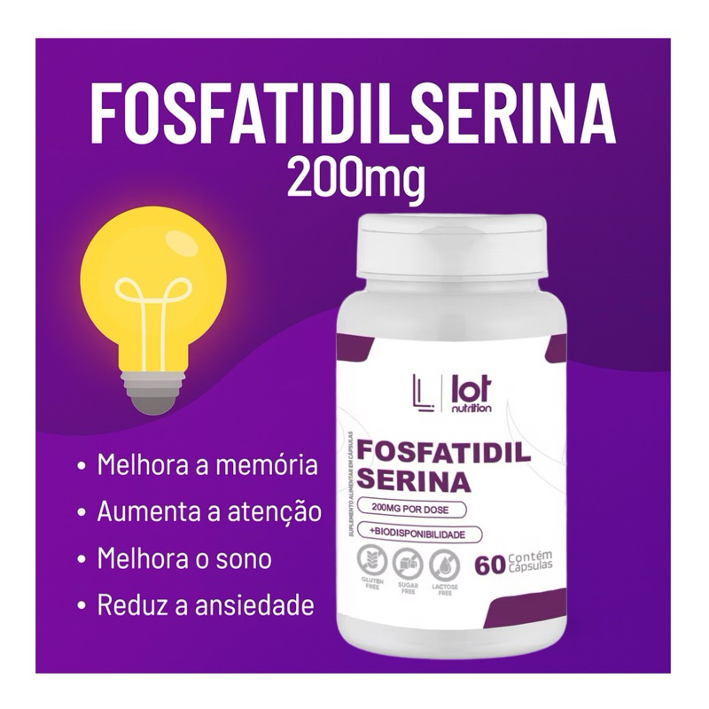 Fosfatidilserina 200mg 60 cápsulas Memória Foco  Bem Estar Cognitivo Lot Nutrition