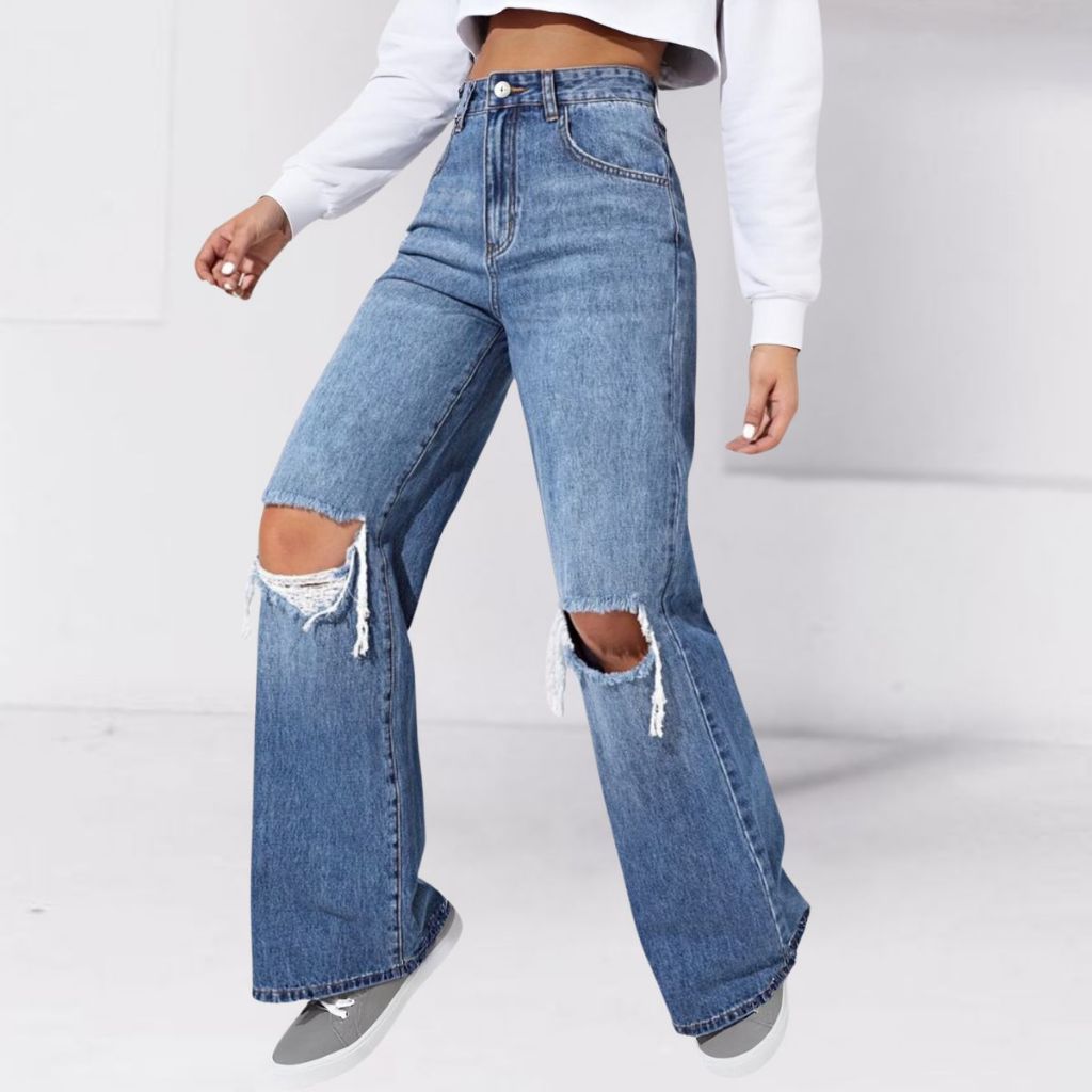 Calça Jeans Feminina Wide Leg cintura alta pantalona Rasgada 100% Algodão Marmorizada