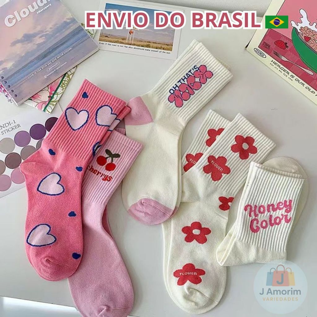 Kit 5 e 10 Pares de Meias Femininas Cano Médio – Estampas Flor e Coração, Coloridas, Confortáveis e Respiráveis