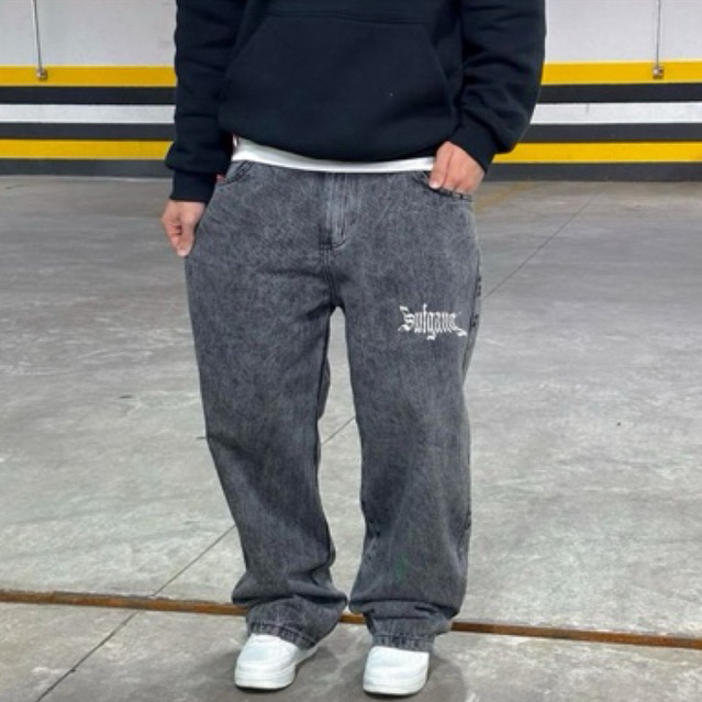 Calça balão baggy sufgang masculino estonada streetwear larga de botão