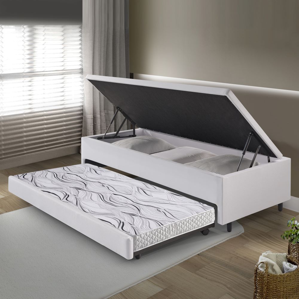 Bicama Box Com Baú Solteirão 96x203 com Colchão Auxiliar Courino Linho Branco
