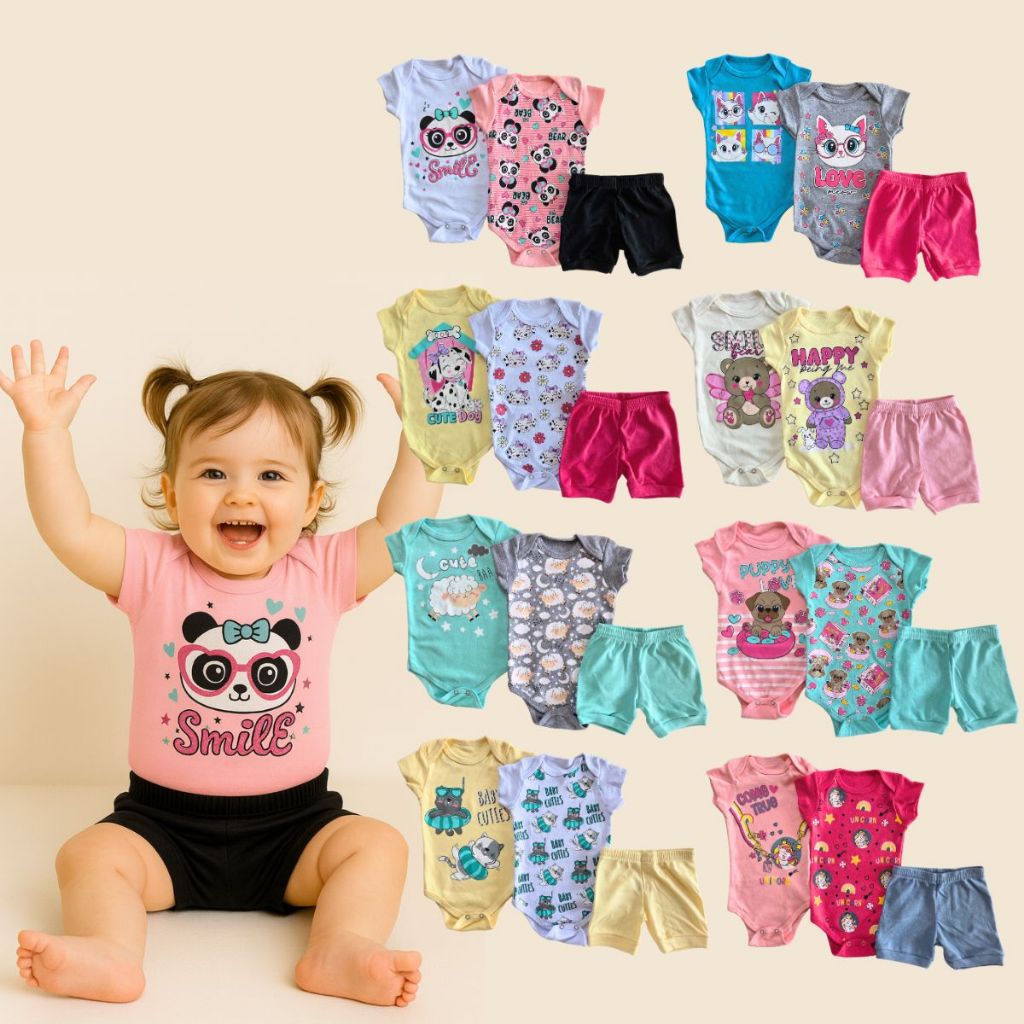 Kit Body Bebê Menina Verão Suedine Premium | 6 ou 9 Peças | Body + Short | RN ao GG | Roupa Bebê Menina