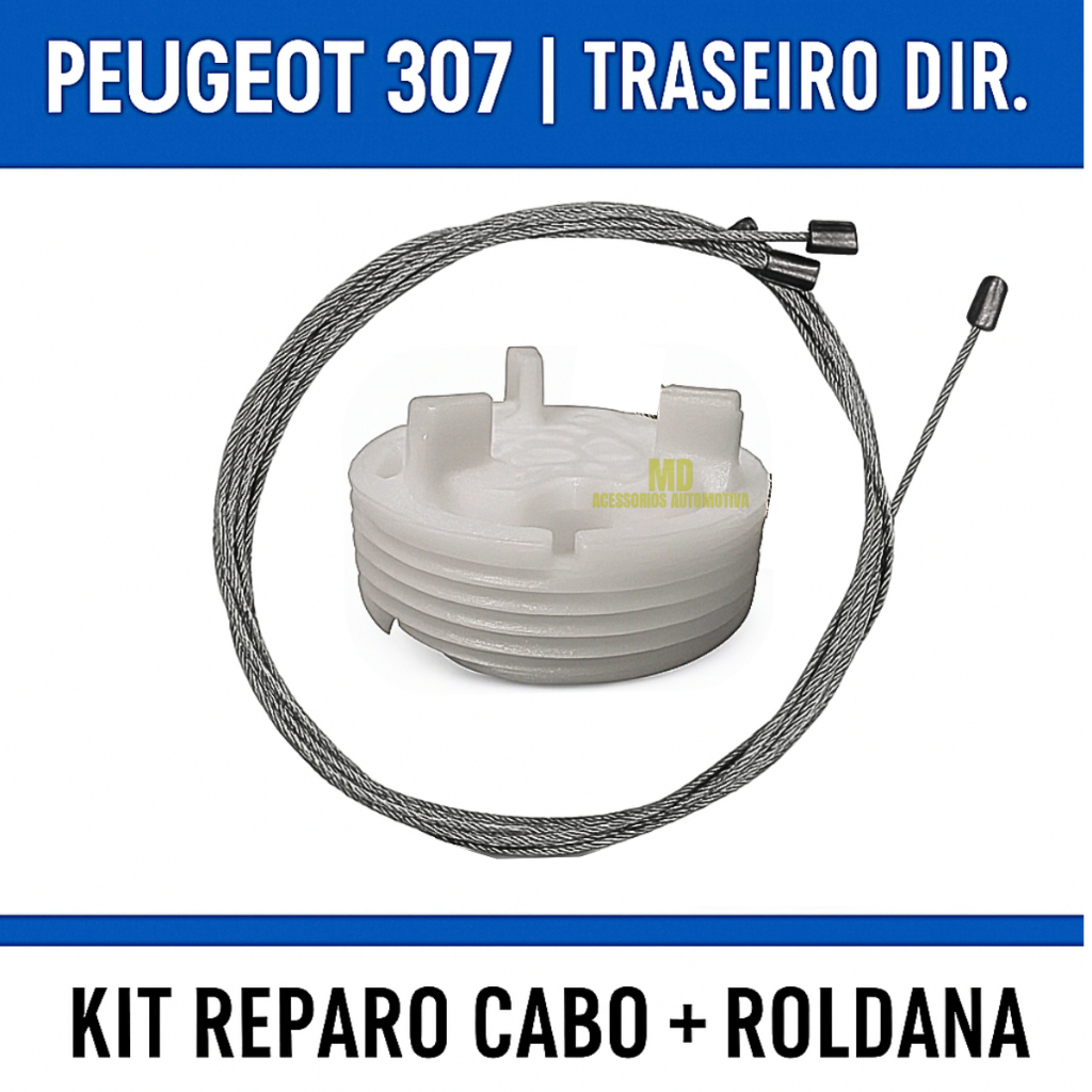 Kit Reparo Cabo de Aço e Roldana Máquina Vidro Elétrico Traseiro Direito Peugeot 307 Original