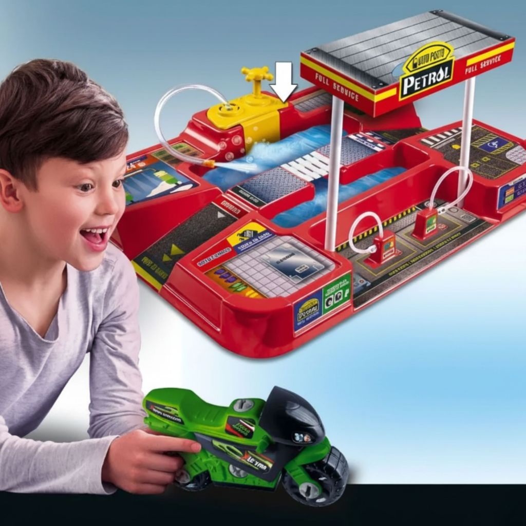 Kit Pista Lava Rápido Auto Posto com Moto, Bomba de água, Brinquedo Infantil Completo Portátil Menino