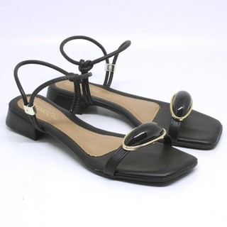 Sandália Feminina rasteira chinelo  Salto Baixo Confortável com Pedraria – Preto e Off White e dourado