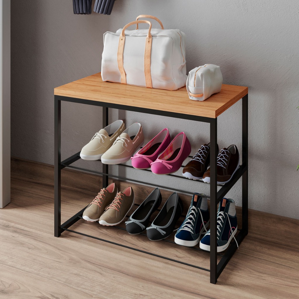 Sapateira Banco Estilo Industrial com 2 Prateleiras em Aço e Tampo MDF Várias Cores em Oferta na Shopee