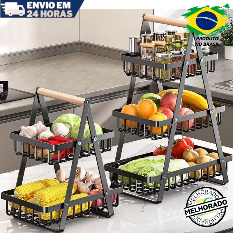 Fruteira De Mesa Organizador De Frutas Cesto Metal Aramado Multiuso Frutas Legumes 2 - 3 Andares