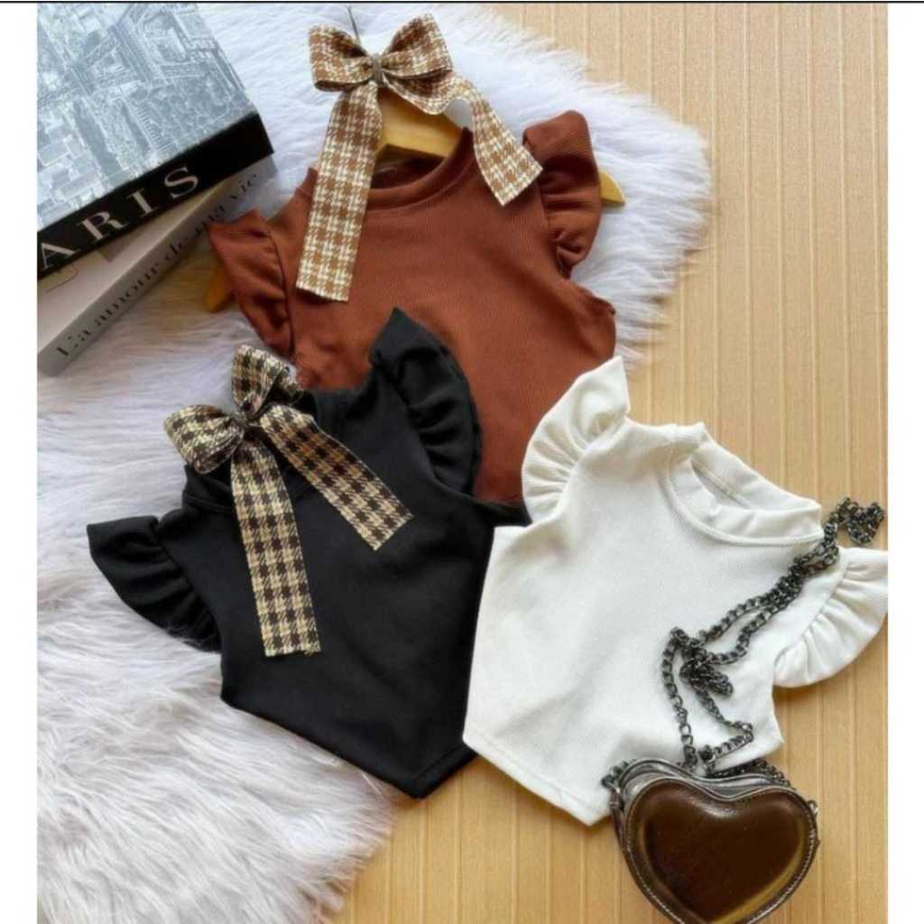 Kit com 3 Blusa Infantil e Juvenil Cropped Manguinha Frufru Ribana Canelada Para Meninas  e Adolescentes (Binf510)