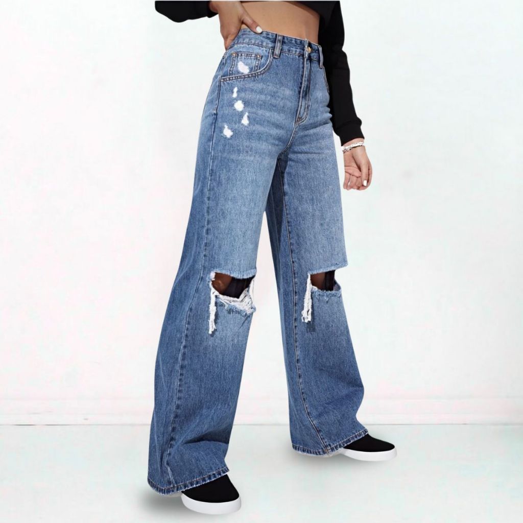 Calça Wide Leg Feminina Jeans Cós alto Pantalona Tecido Grosso Moda Gringa com rasgo no joelho em Oferta na Shopee
