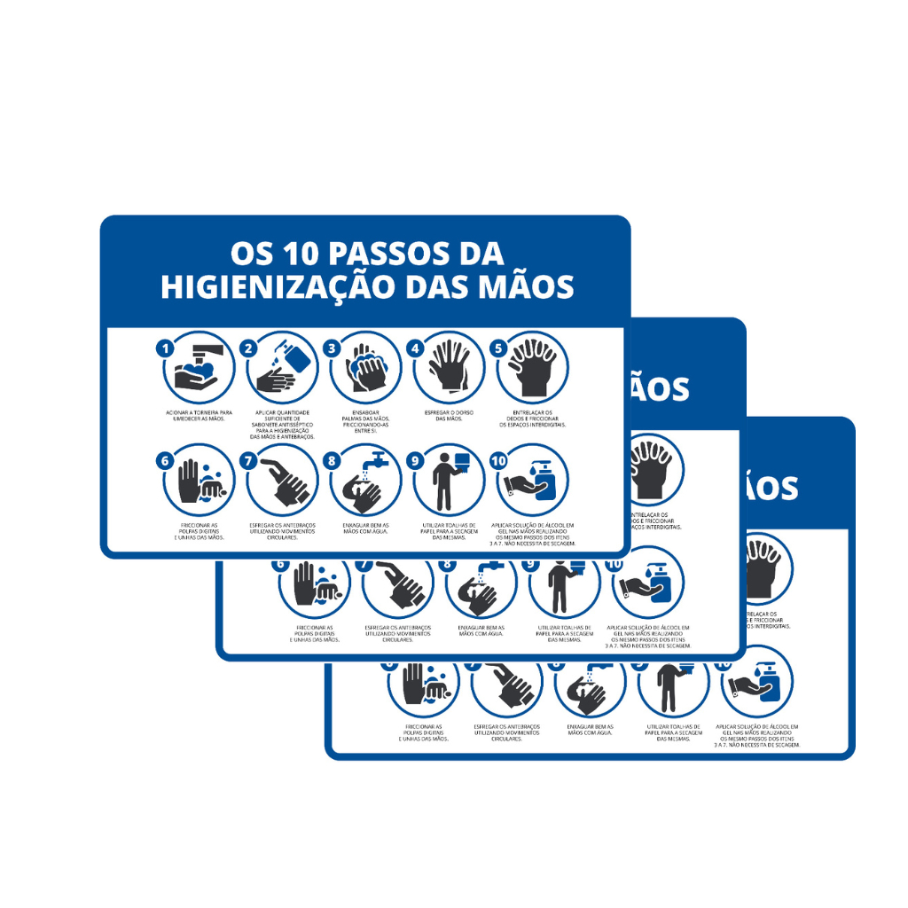 Kit Ate 3 Placas Higienização da Mão 10 Passos PVC 20x30cm Resistente Orientação Educativa Banheiro em Oferta na Shopee
