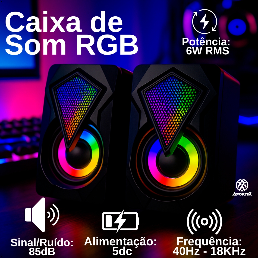 Caixa de Som Aportex RGB 2.0 6W USB P2 Gamer LED 7 Cores Para PC Notebook