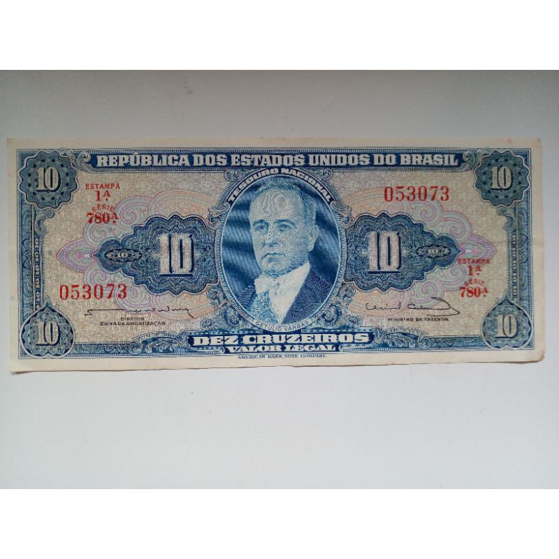 Clássica Cédula Dez Cruzeiros Getúlio Vargas Azul