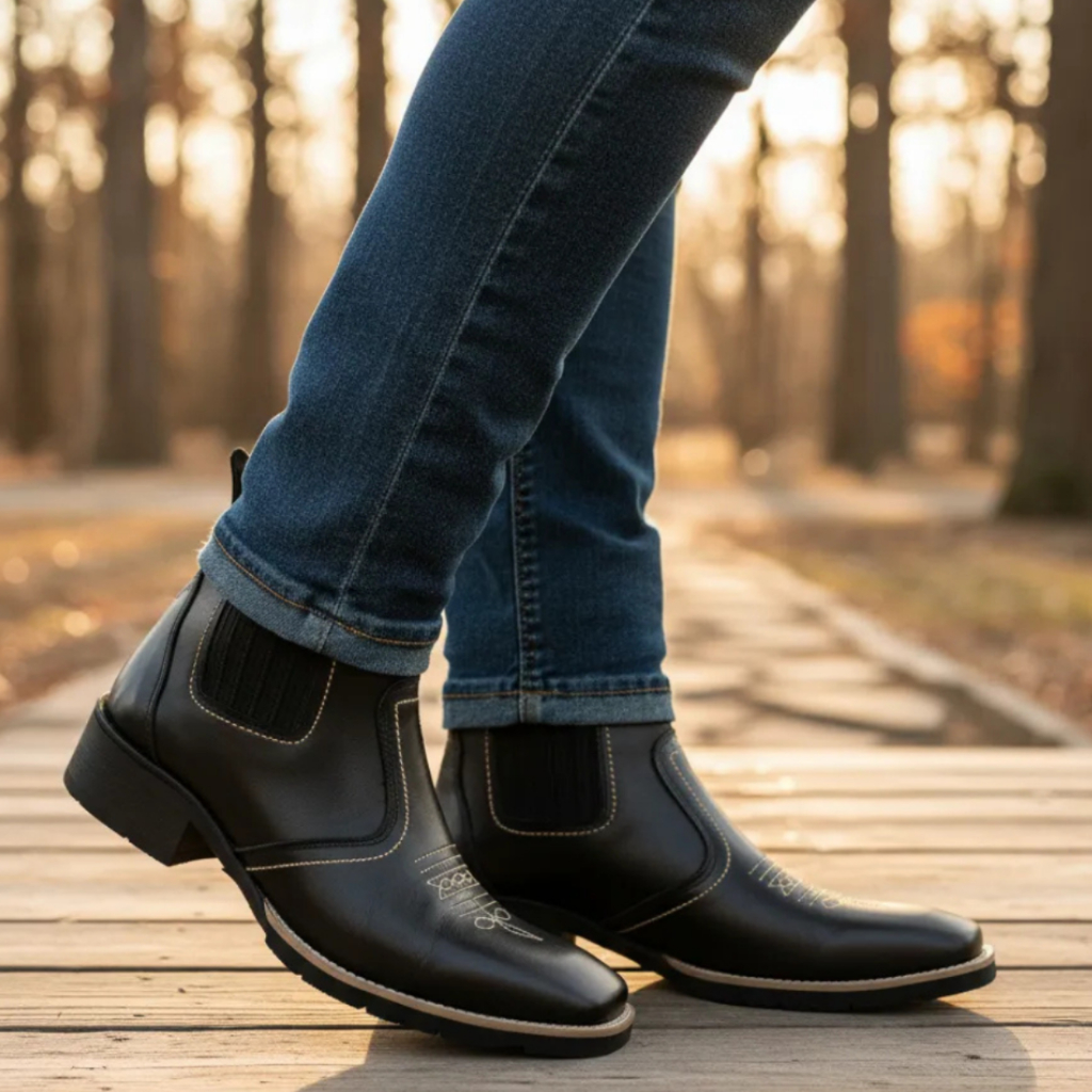 Bota Country Masculina Cowboy Vaquejada Vaqueiro Cavalgada Botina Texana Cor Preta Bico Quadrado Modelo 3140