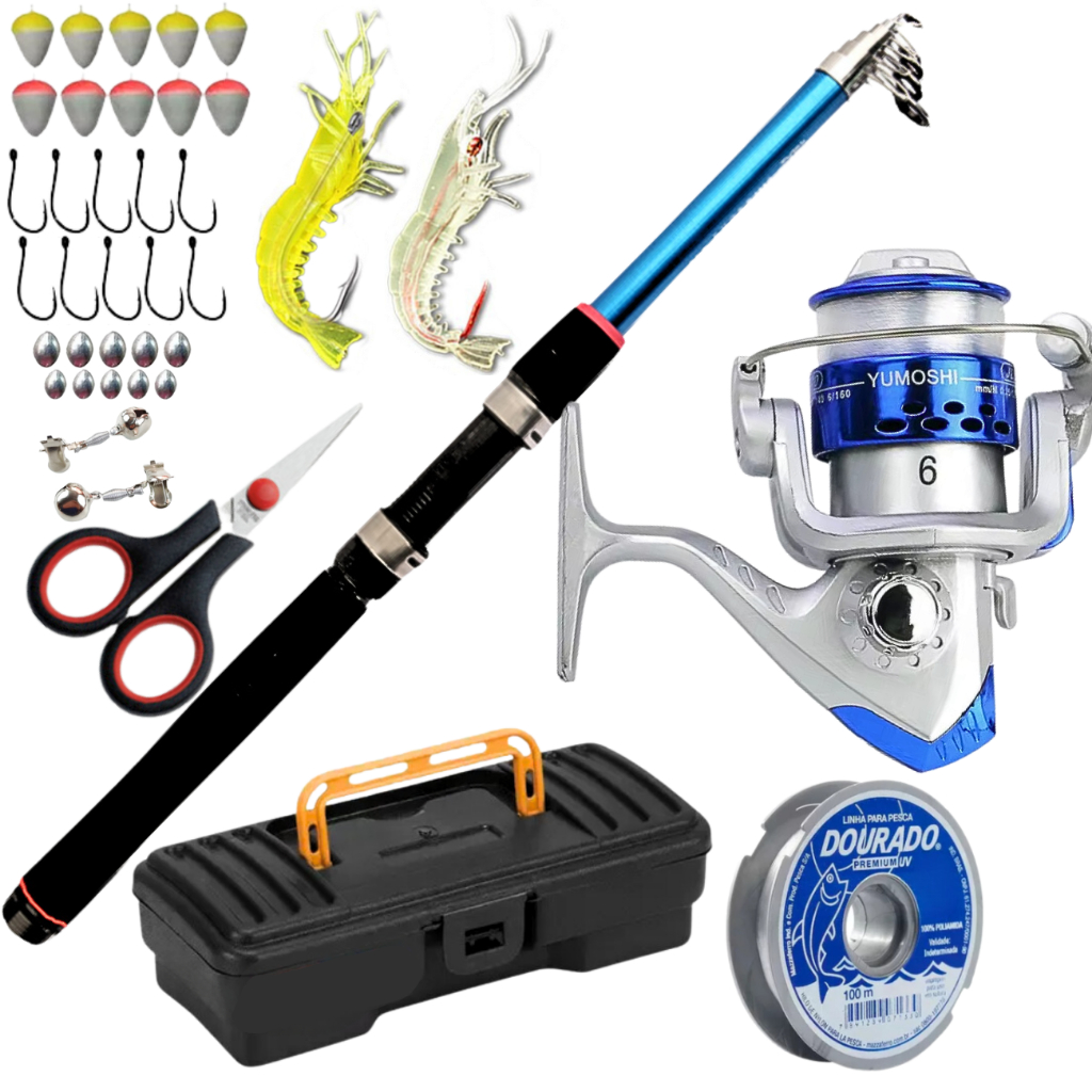 Molinete de Pesca com Vara Telescopica Anzol Isca Artificial Kit Produtos Artigos Pescar Tilapia