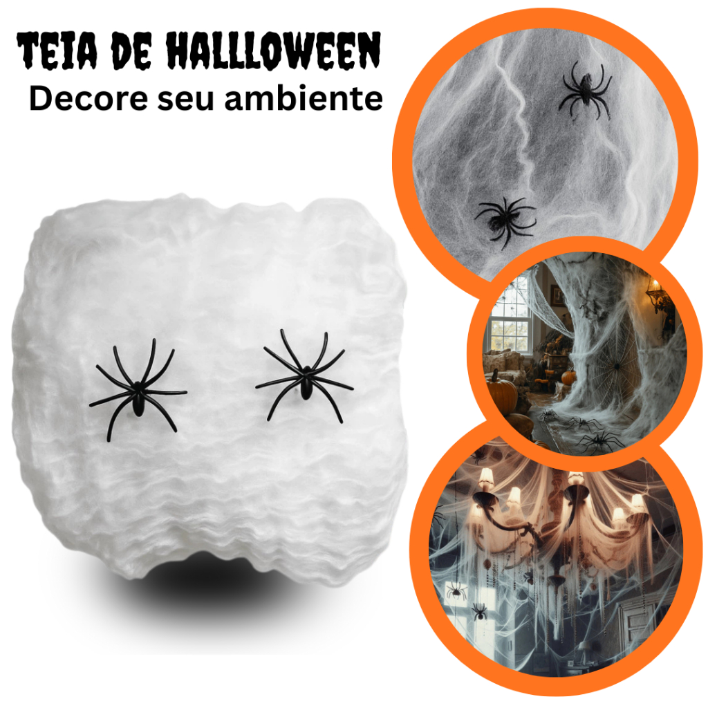 Kit 20 Teia de Aranha Artificial 200g + 40 Mini Aranhas - Decoração Dia das Bruxas e Festa Halloween