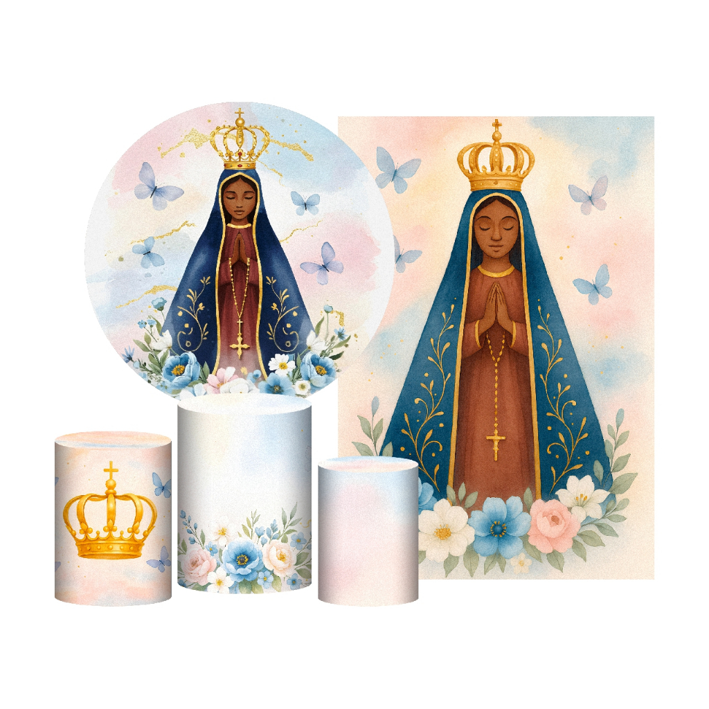 Kit Decoração Nossa Senhora Aparecida Painel Redondo + Trio Capas Cilindro + Painel Lateral Tecido