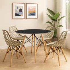 Conjunto Mesa Redonda 90cm com 4 Cadeiras Kaila DSW Pés de Madeira Sala Jantar Eames