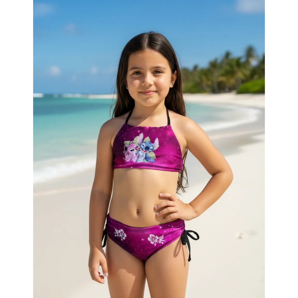 Biquini Moda Praia Lilo & Stitch e Angel Love Floral Folhas Aloha Rosa Galáxia Natação Piscina UV50+