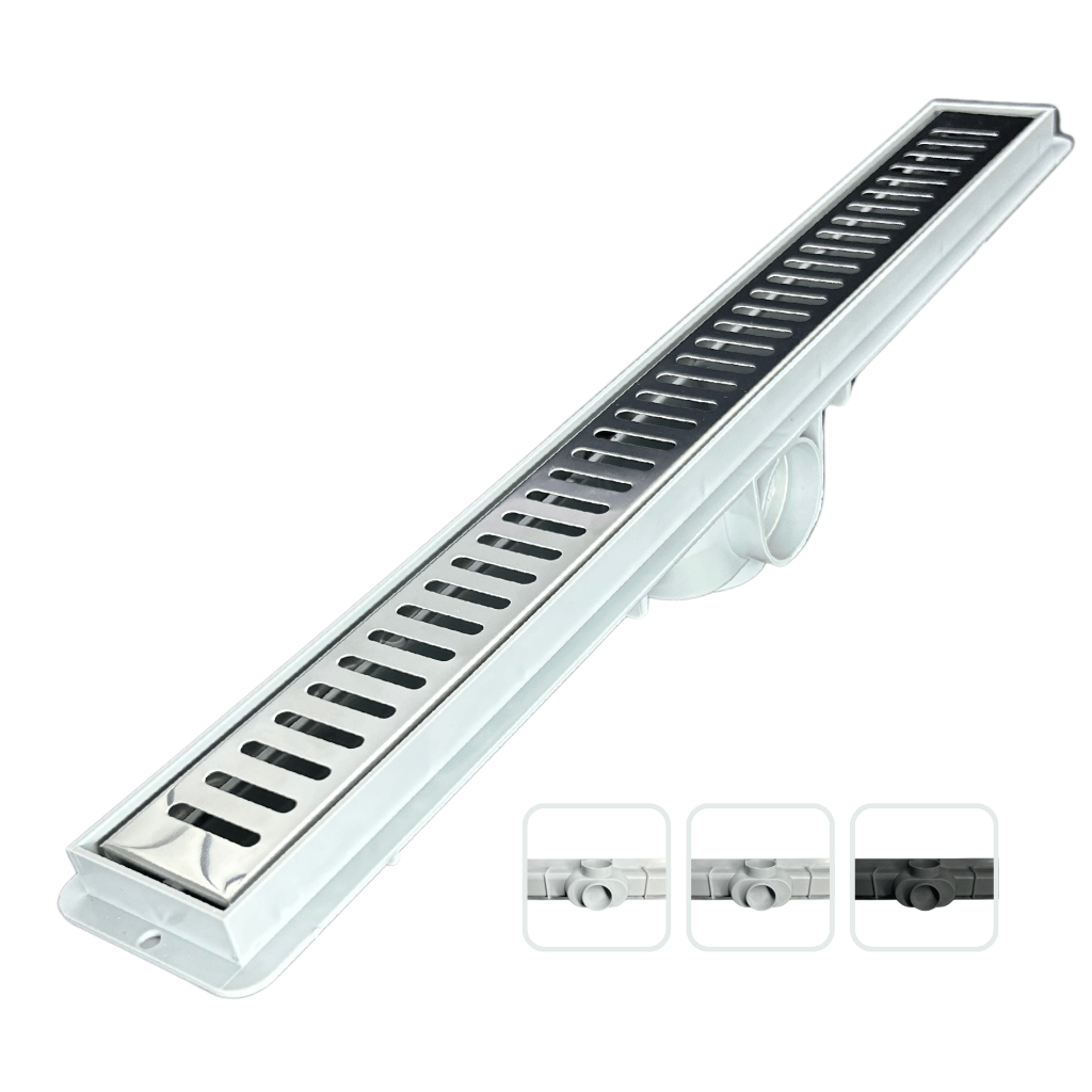 Ralo Linear Cola Piso inox palito piso porcelanato  5x50cm Coletor Anti Odor Saída lateral fundo