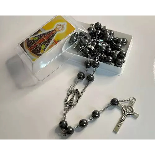 Terço Nossa Sra. Aparecida Hematita Premium com Medalha + Crucifixo - Artigo Religioso de Fé e Proteção