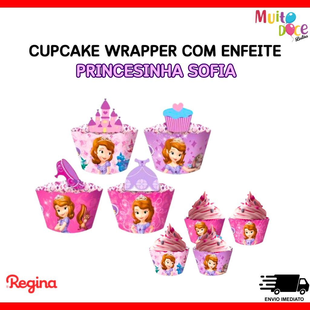 Cupcake Wrapper Princesinha Sofia Com Enfeites - 12 Unidades - Saia/Porta Cupcake Festa Aniversário