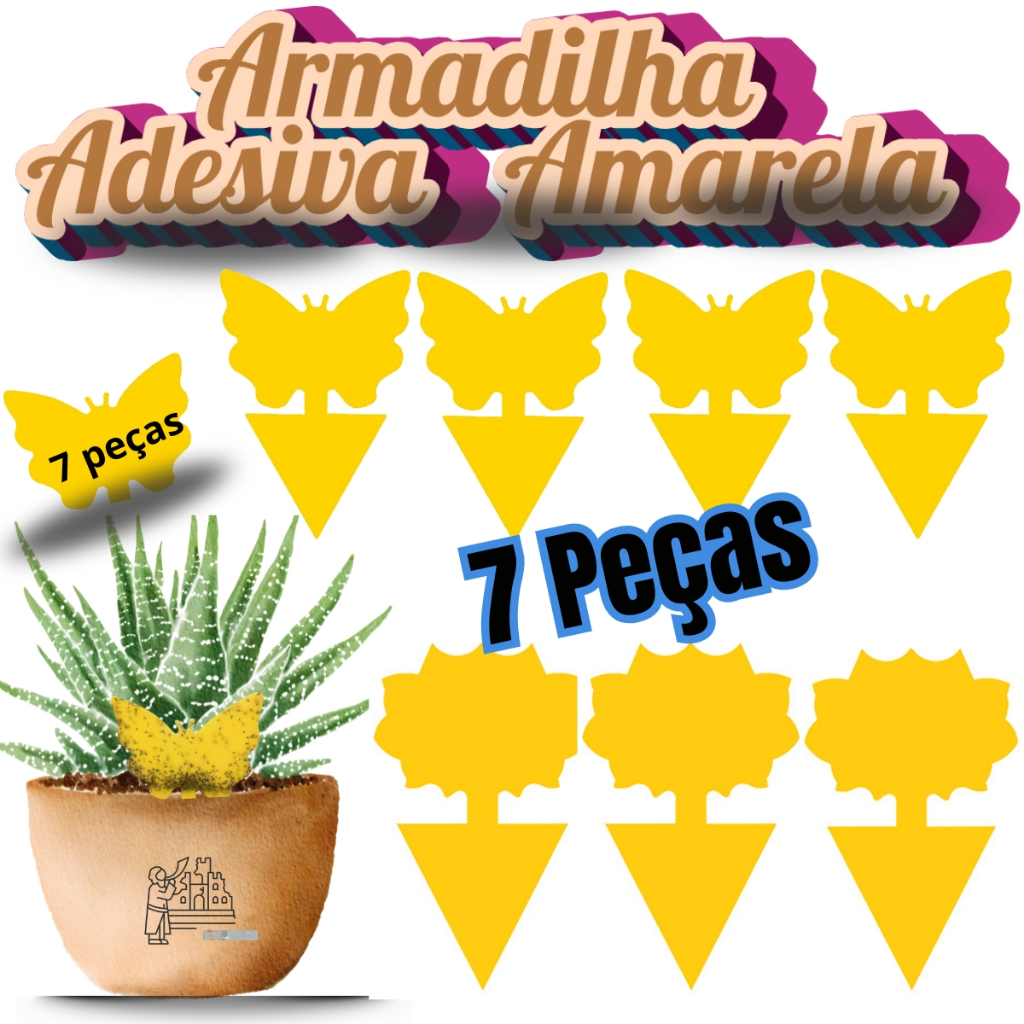 Kit 07 Armadilha Adesiva Dupla Face Cartela Amarela Contra Insetos Para Controle de Moscas de Vasos