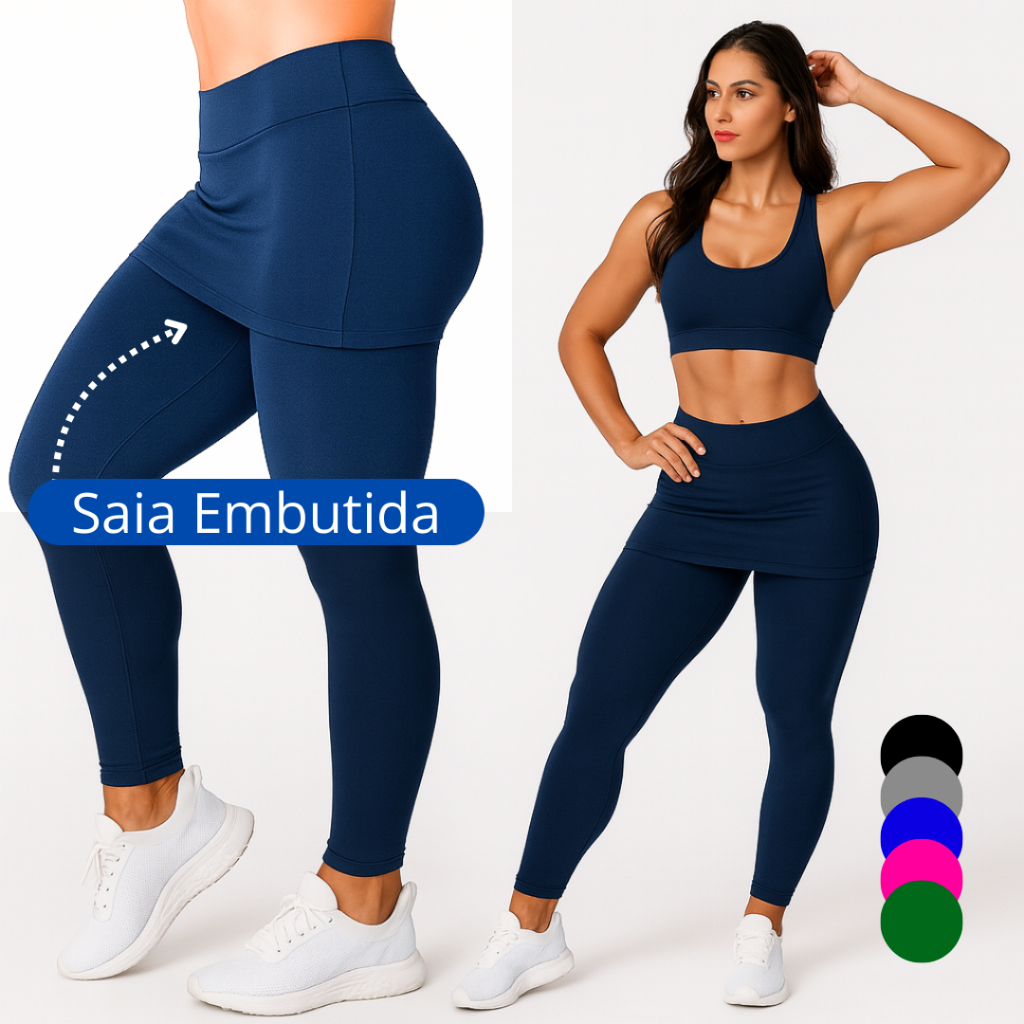 Calça Legging com Saia Fitness Feminina para Academia Tapa-Bumbum Embutido
