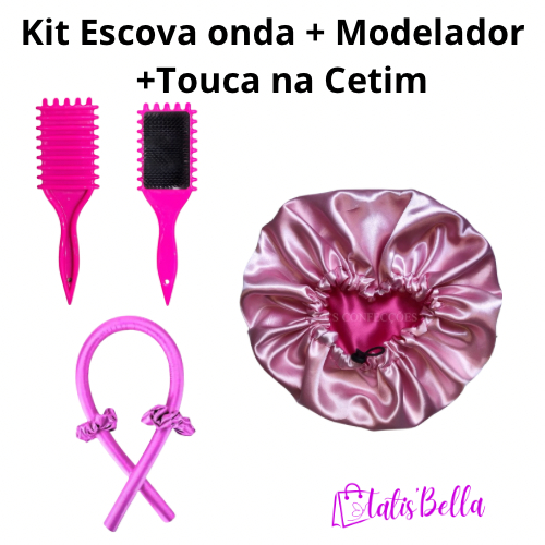 Kit Escova onda + Modelador de Caixos +Touca de Cetim Dupla Face com Regulador em Oferta na Shopee