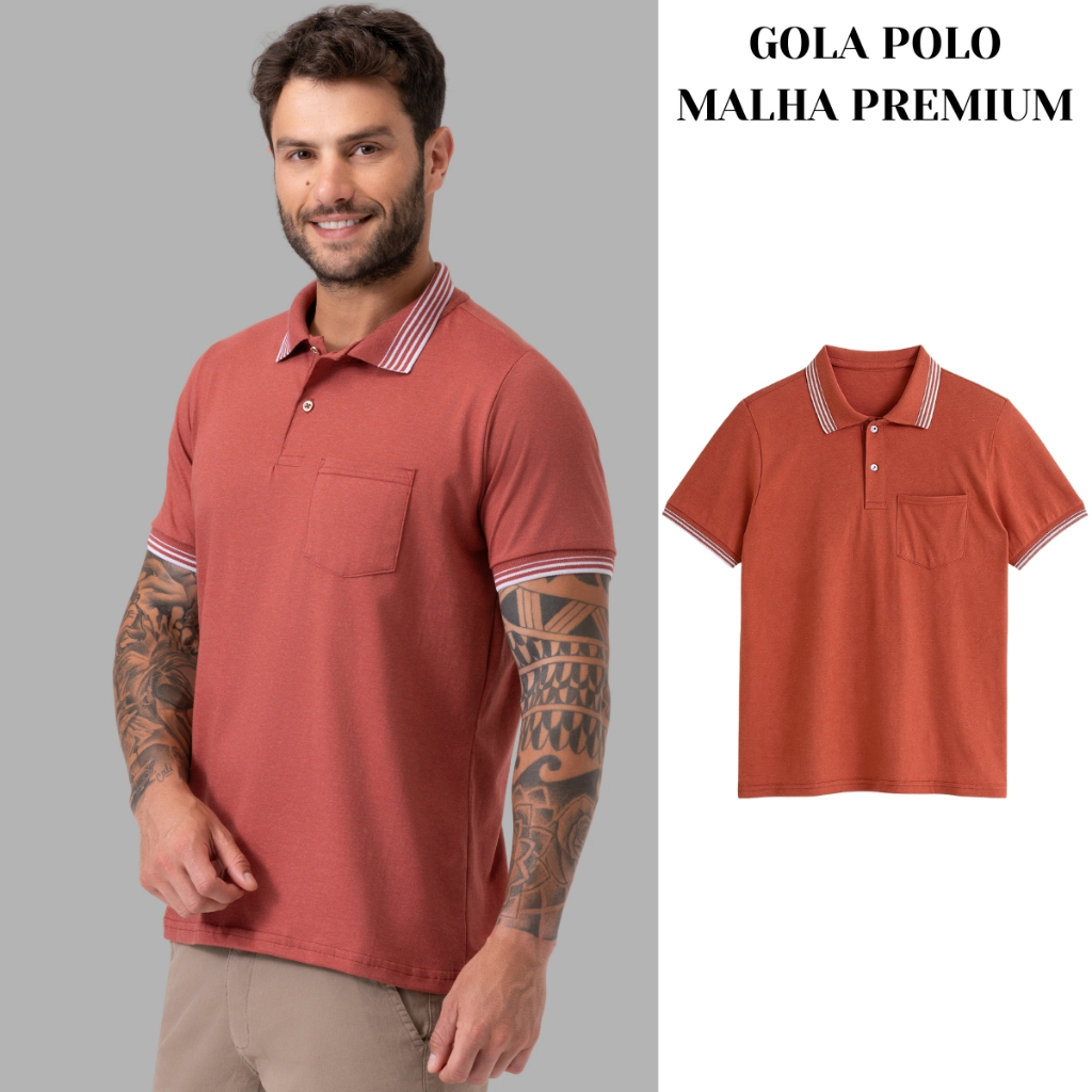 Camisa Gola Polo Masculina com Bolso Malha 100% Algodão Premium P ao GG  Cores: Marinho e Ferrugem em Oferta na Shopee