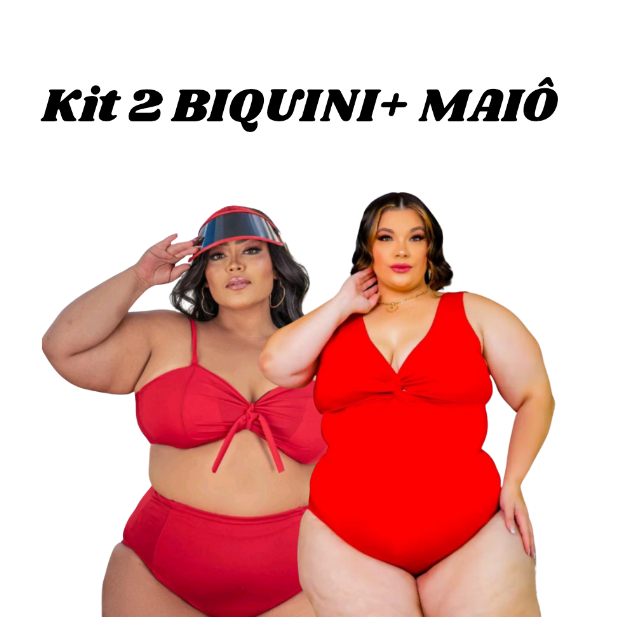 KIT Body Maiô Plus Size Transpassado com Nó + 1 Biquini Top com Forro Alça Larga Cintura Alta