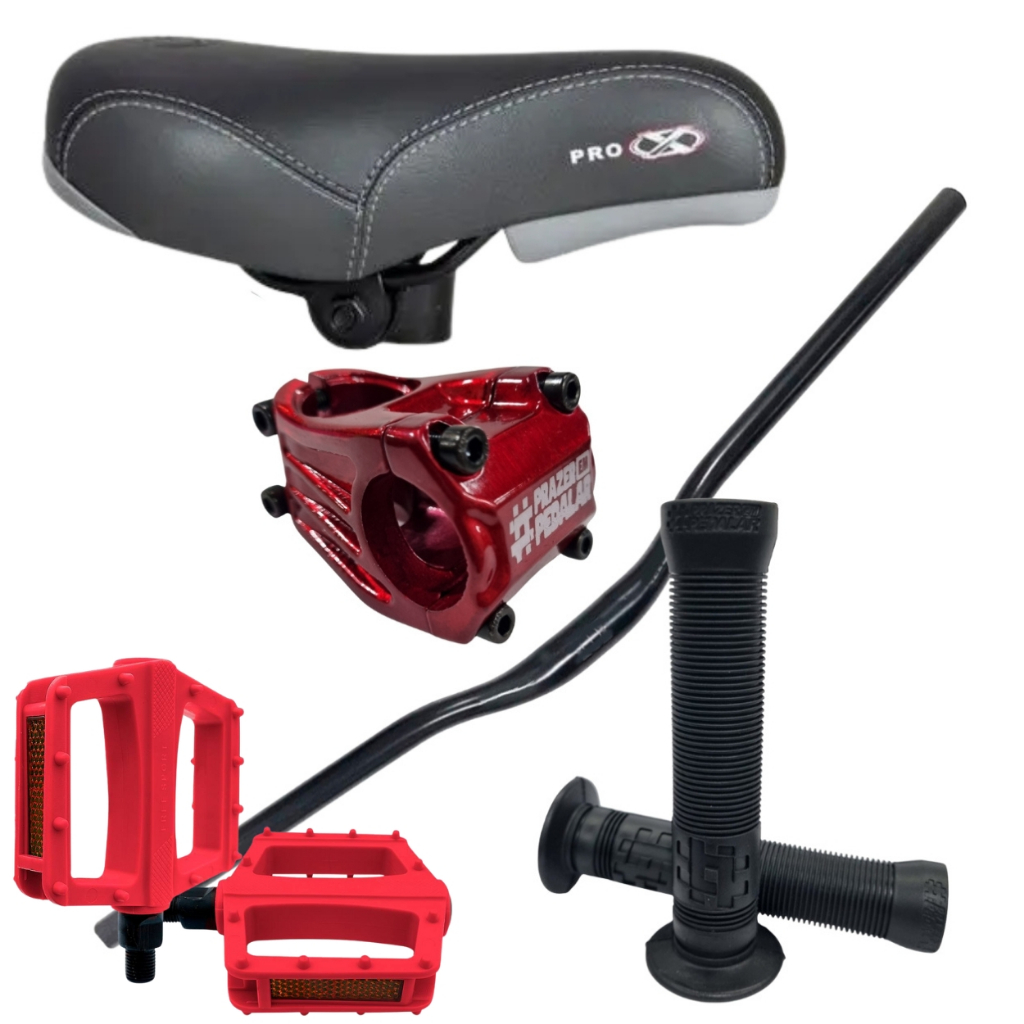 Kit Guidão Voador Wheeling Freerid Curvo Selim Luva punho Gios Viking Naja Pedal 9/16