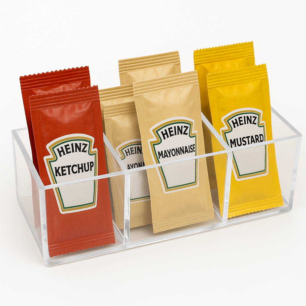Caixa Porta Ketchup maionese mostarda Organizador de Sachês Com 3 Divisorias em Acrílico