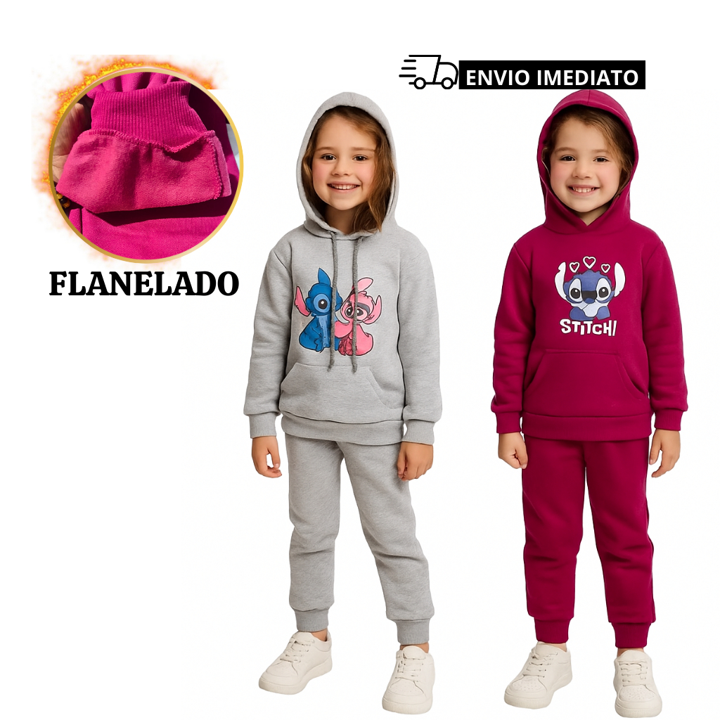 Conjunto Moletom Infantil Feminino Lilo Stitch Casaco + Calça Flanelado Quentinho Menina