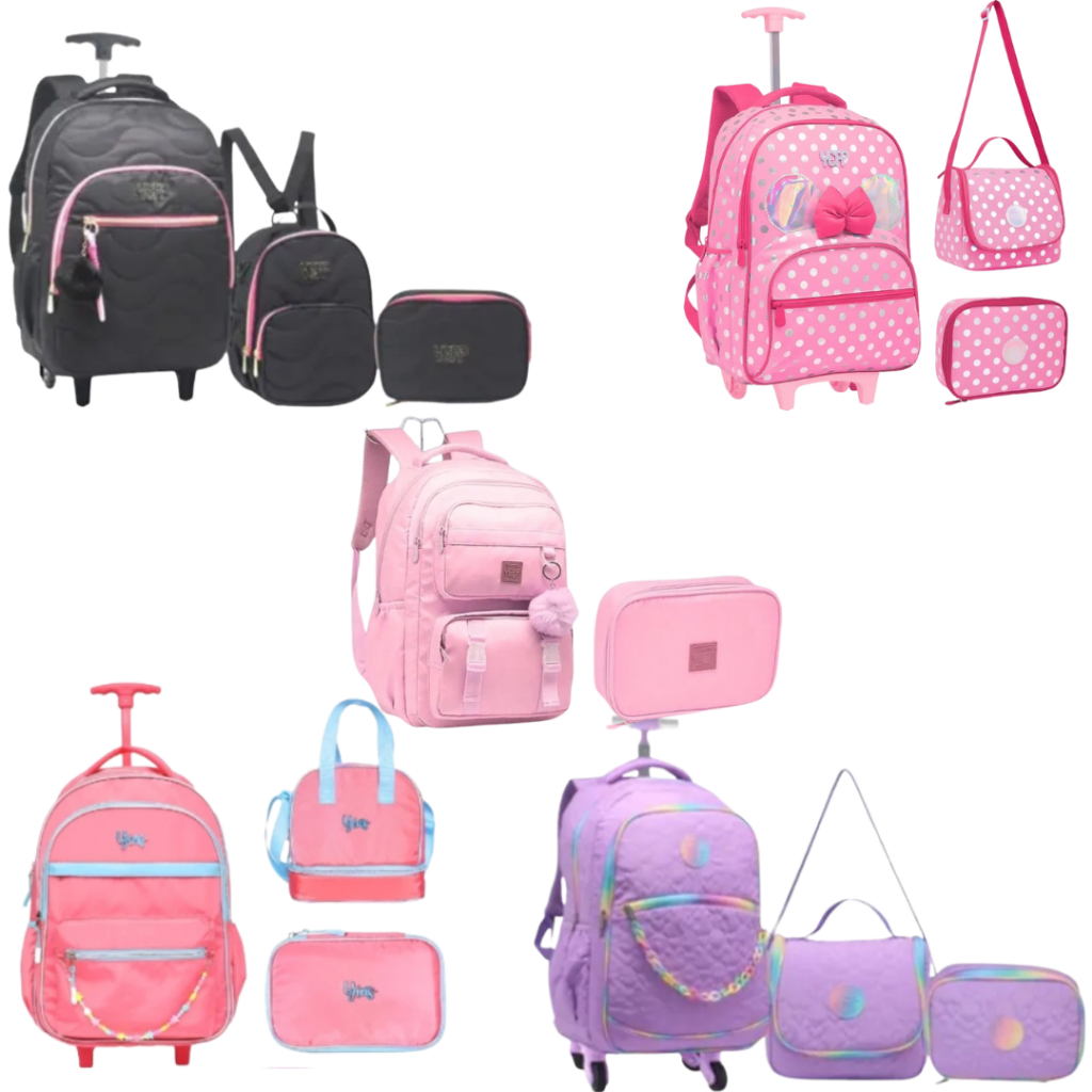 Kit Mochila Escolar De Rodinhas Juvenil Femenina Com Pom Pom