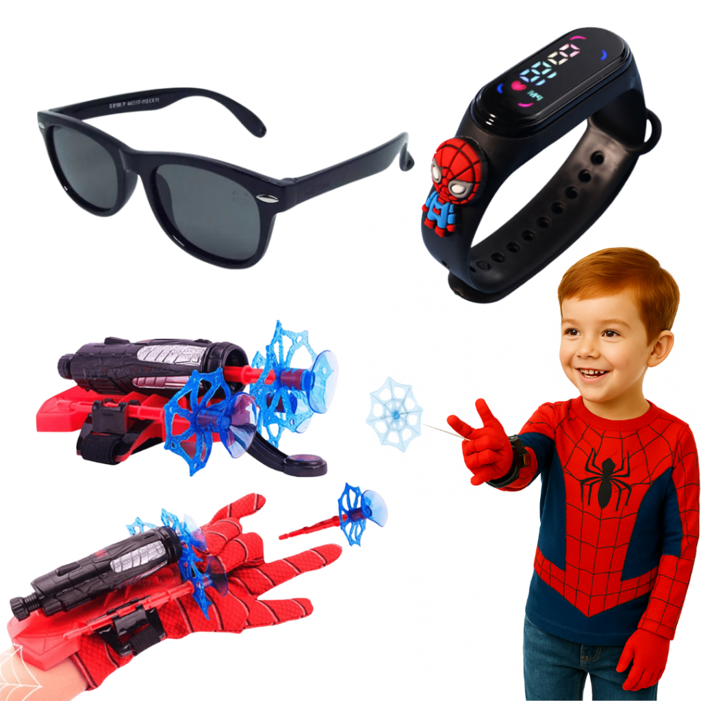 Brinquedo Homem Aranha Luva Lança Teia Com Óculos e Relógio