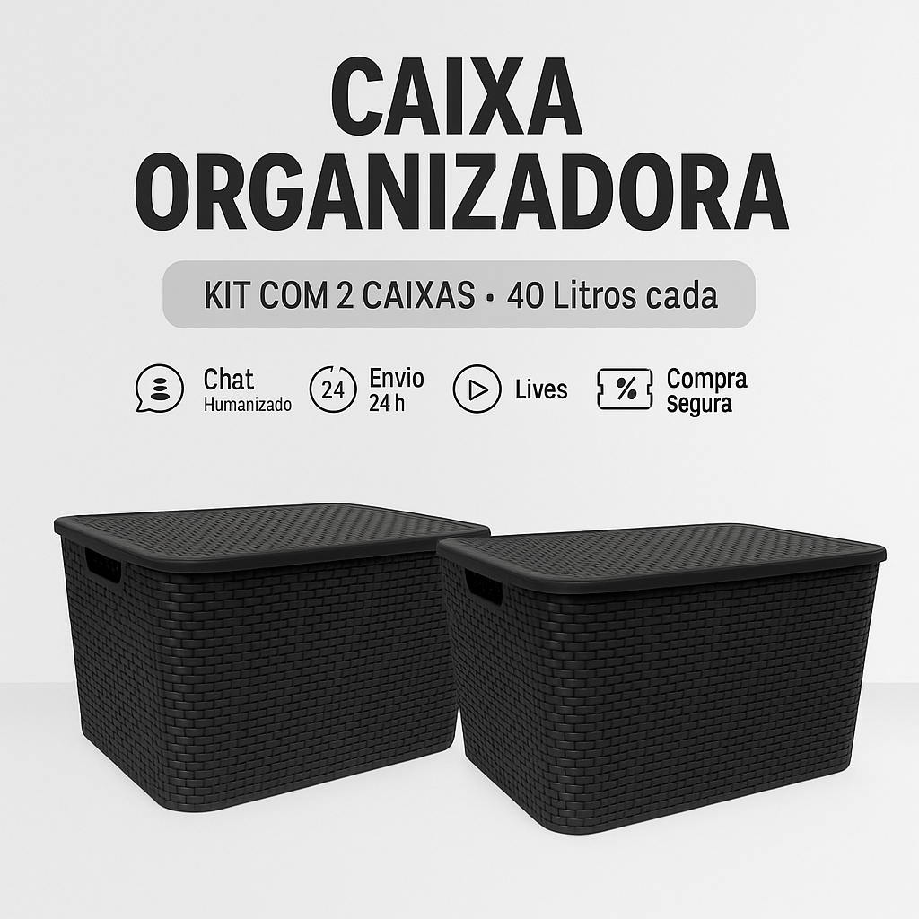 Kit 2 Caixas Organizadoras Rattan 40 Litros Com Tampa Preta Cesto Organizador Armário Brinquedos