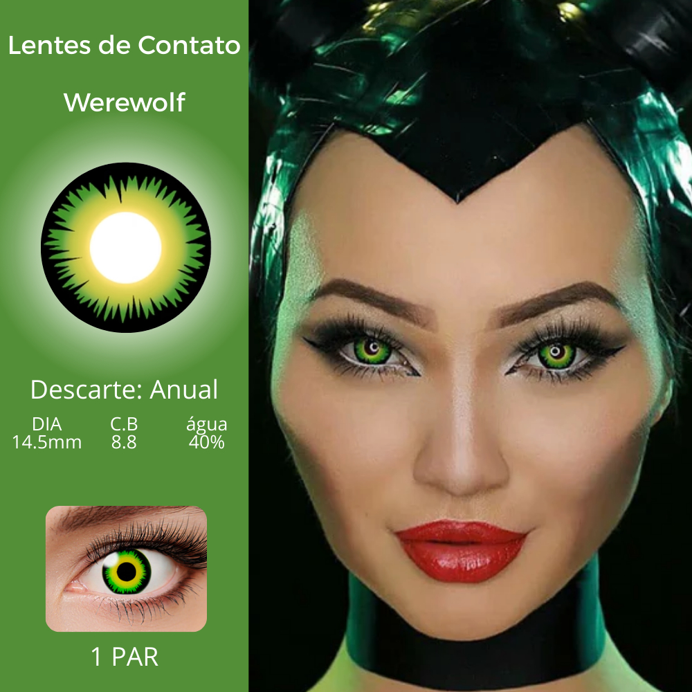 1 par anual Lentes de Contato Festa Halloween Fantasia Green Werewolf Lobisomem Malévola