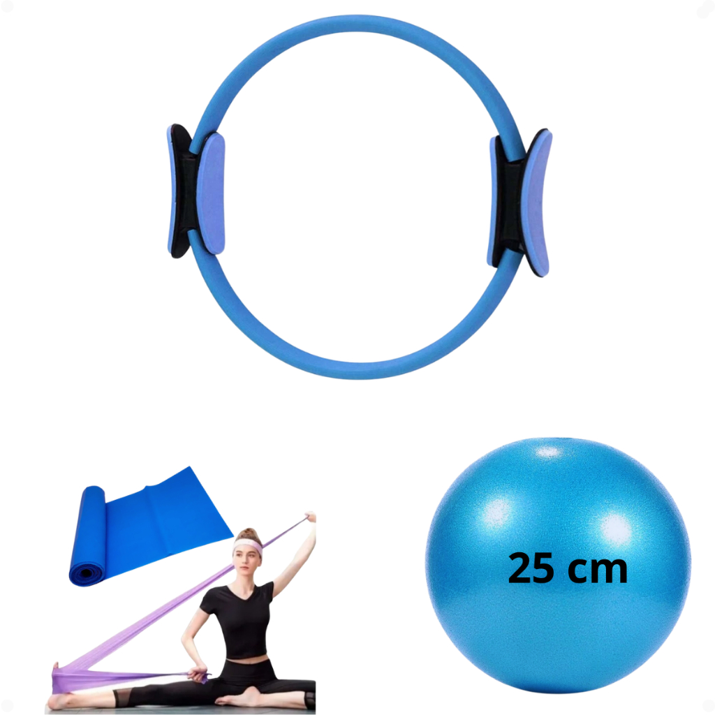 Kit Bola Pilates Yoga 25 cm + Faixa Elastica Band + Anel Ginástica Suíça Fisioterapia Alongamento