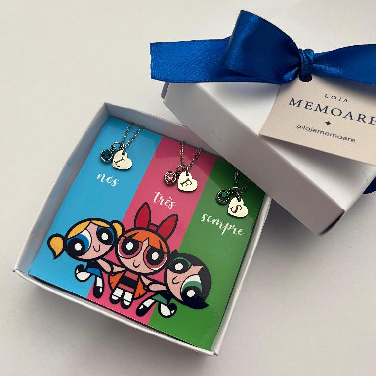 Colar Amizade Trio Meninas Super Poderosas - Coração Personalizado com Inicial + Caixa Presente