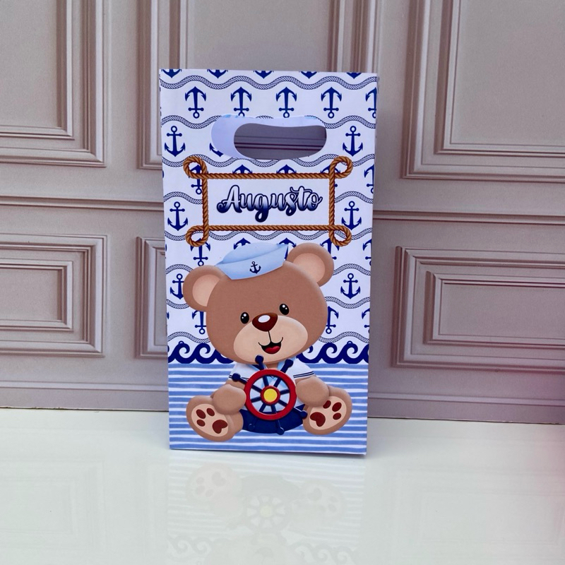 sacolinha surpresa sacola personalizada (PEGUE E MONTE) para festa de aniversário chá de bebê  ursinho marinheiro