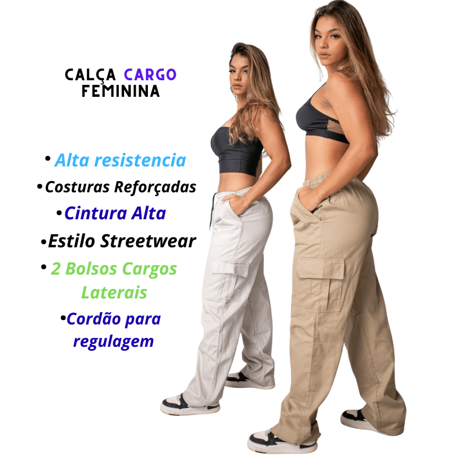 Calça Cargo Feminina Streetwear Boca larga