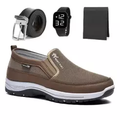 Sapatilha Mocassim Estiloso de Trilha Adventure Impermeável Solado Ortopedico + Relogio Cinto e Carteira