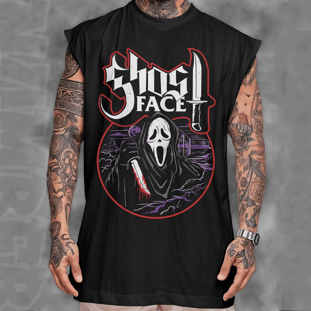 Camiseta regata machao oversized masculino Filme de terror ghost face Longline algodao unissex