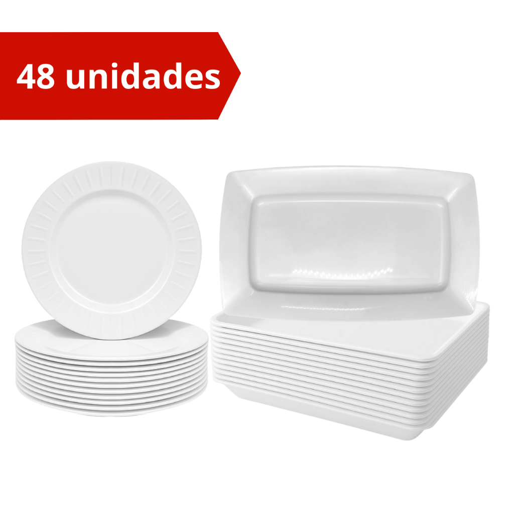 Kit 48 Peças Prato Redondos + Bandeja de Espetinho Reutilizável Buffet Plastico Novo Festa Jantar