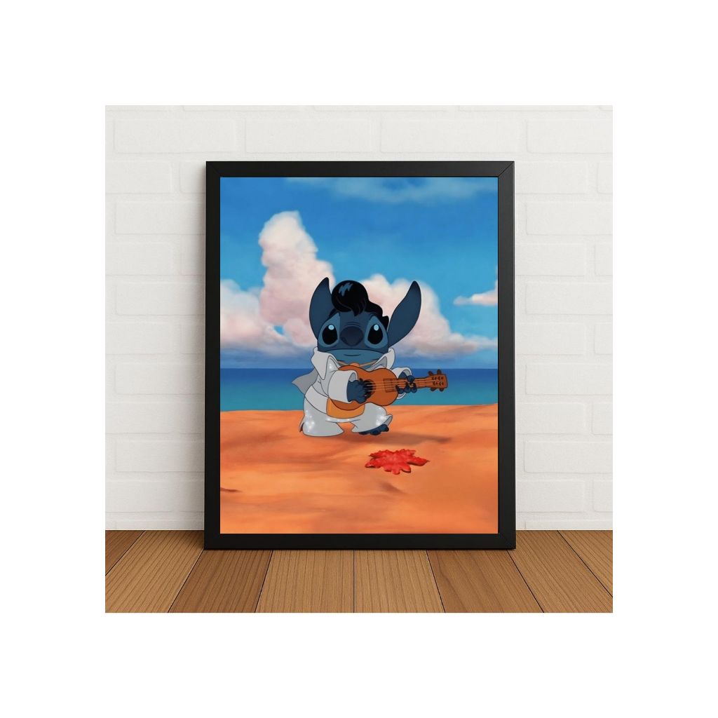 Quadro Decorativo Stitch Elvis Presley Violão 33x24cm Com Vidro